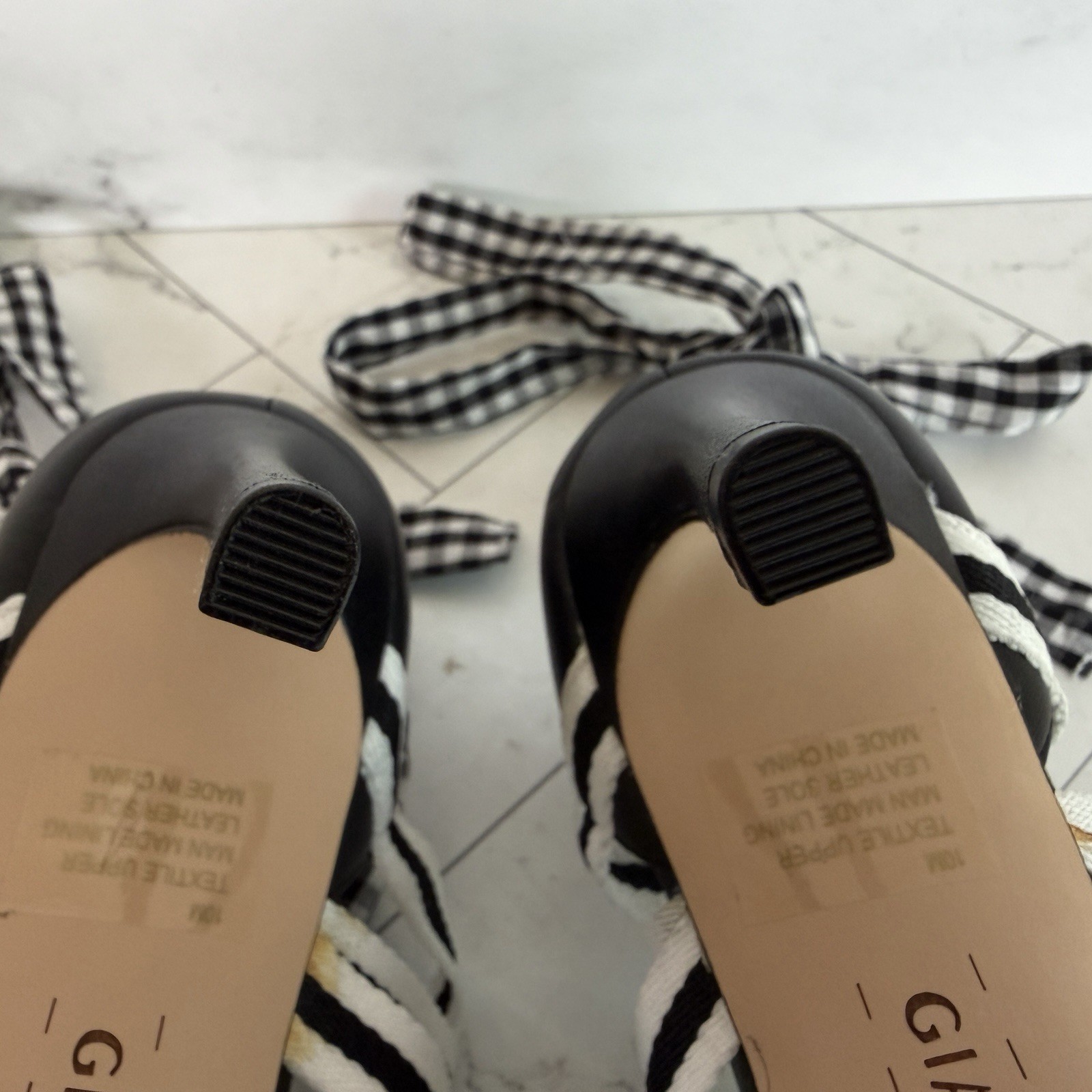 Gianni Bini Black Abrianna Gingham Lace Up Sandals 3.93” Stiletto Heels Size 10M