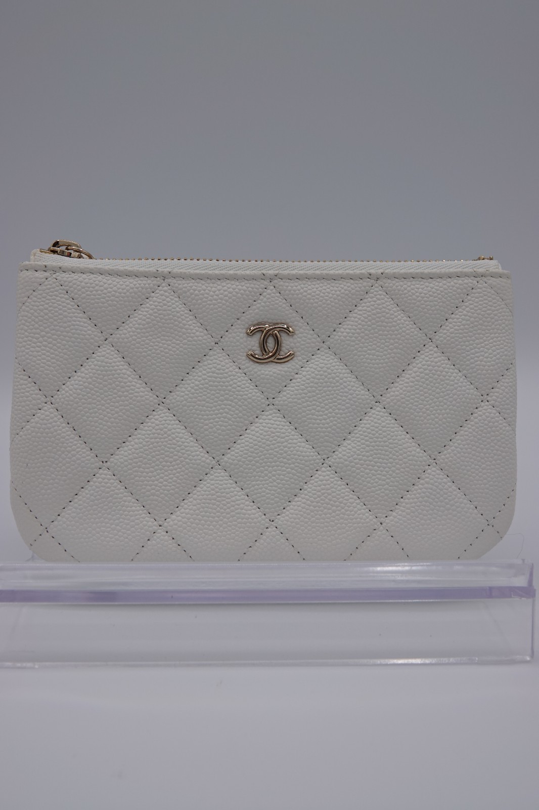 Chanel Small Quilted Caviar Leather Zipper Case White Authentic