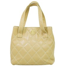 CHANEL CC Wild Stitch Leather Tote Handbag Beige Gold