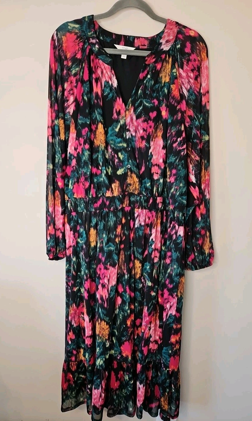 Terra & Sky Dress Women 2X Pink Dark Floral Boho Cinched Waist Mesh CottageCore