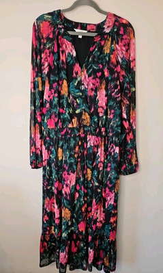 Terra & Sky Dress Women 2X Pink Dark Floral Boho Cinched Waist Mesh CottageCore 