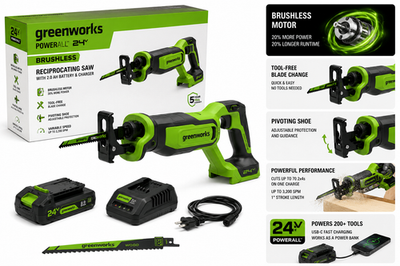 #ad Greenworks 24V Cordless Reciprocating Saw Brushless w Battery Charger $206.00