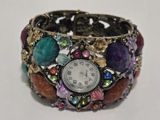 Vintage Watch Colorful Rhinestone Bracelet Cuff Multi Colored Stretch Adjustable