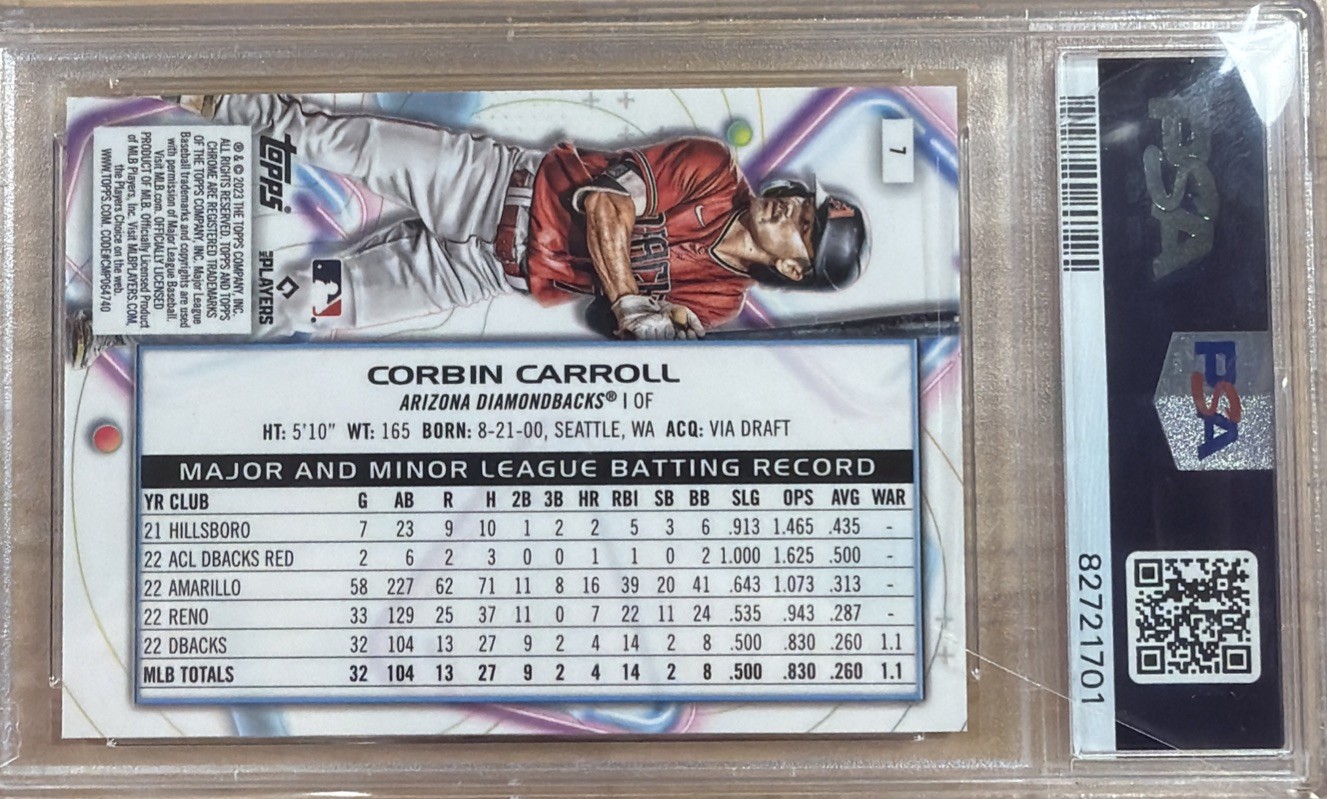 2023. Topps Cosmic Chrome - Corbin Carroll #7 Nucleus Refractor (RC) PSA 10 view 2