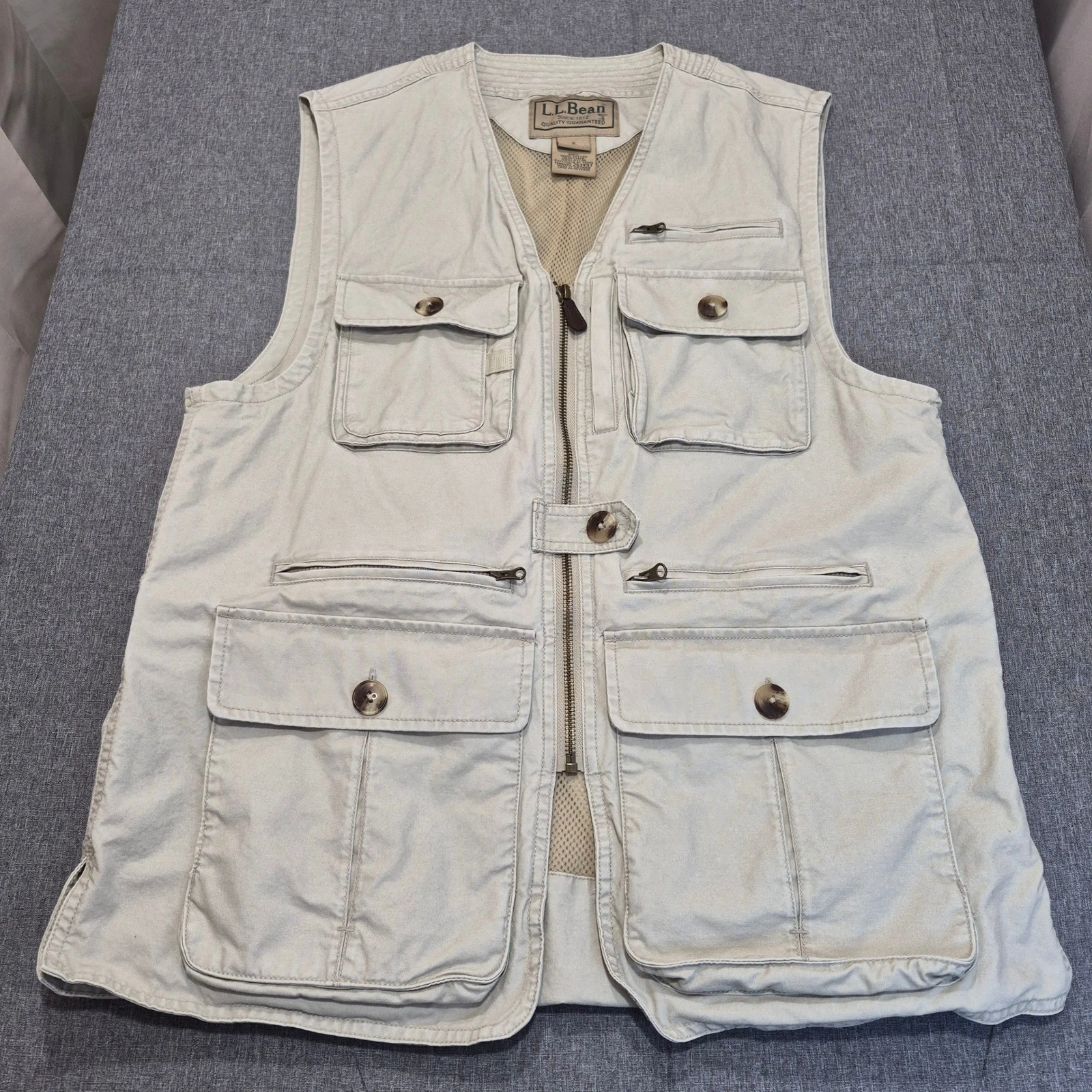 LL Bean Mens Small Khaki Cotton Utility Fishing Vest Mesh Lined Multi Pocket