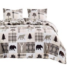 - Rustic Patchwork Comforter Set, Lodge Woodland Wildlife Bear King Taupe