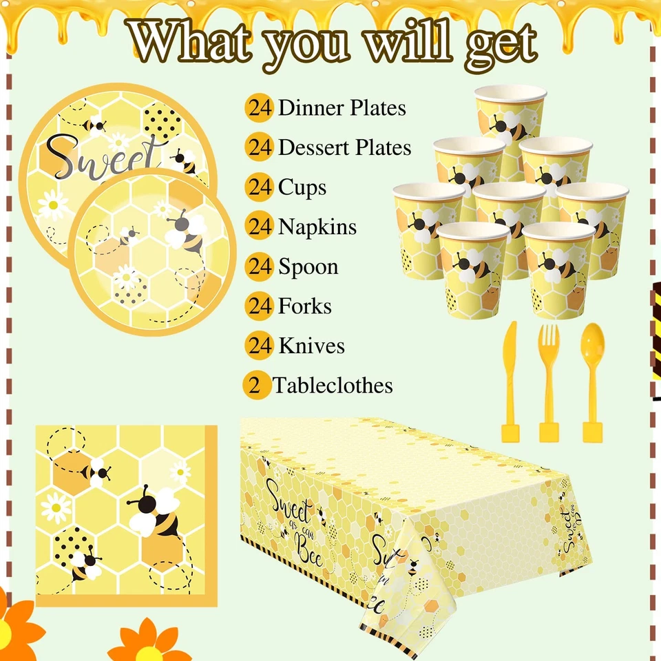 170 piezas platos y servilletas de abeja suministros de fiesta dulces como pueden abeja baby shower se... Foto 3 de 4