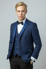 Mens Slim Fit Suit Patterned Formal Wedding Business Navy Blue 3 Piece Set