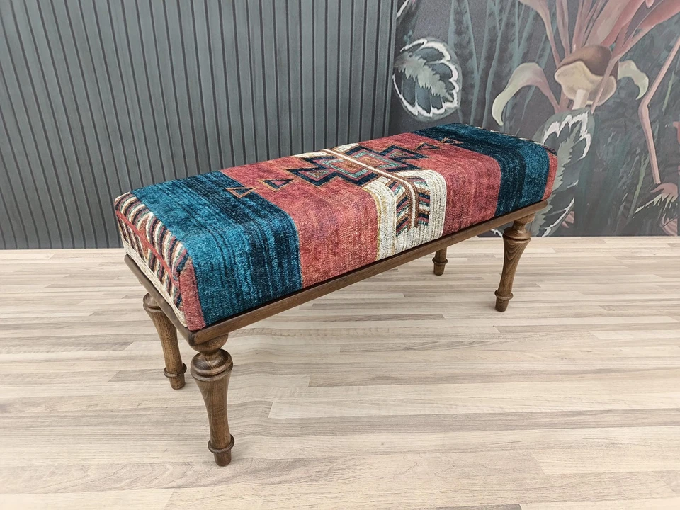 Ethnic Pattern Upholstered Mid Firm Handmade Ottoman Bench Wood Work Piano Bench - Image 4 of 4
