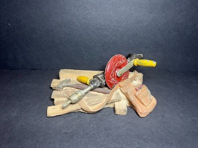 VTG 1999 Keypoint Handcrafted Hand Drill, Hammer, Tool Bag & Wood Planks Figure