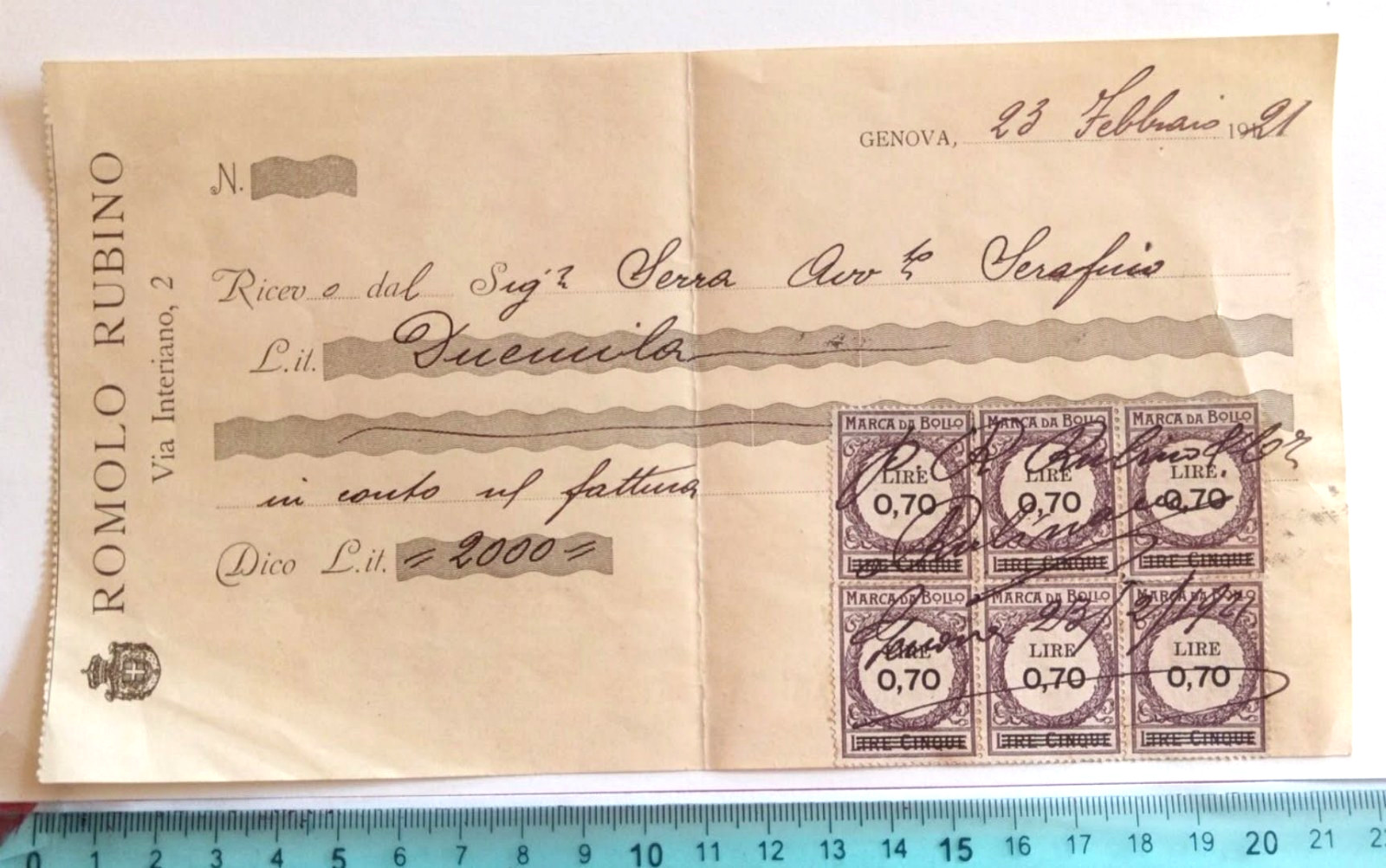 GENOVA  1921 - DITTA " ROMOLO  RUBINO " PAGAMENTO ad AVVOCATO con 6 BELLE MARCHE