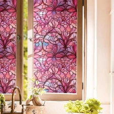 Pink Peach Floral Stained Glass Window Films Decorative Double-Side Privacy F...