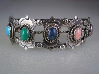VINTAGE NAVAJO STERLING SILVER & MULTI GEMSTONE ROW BRACELET signed HC