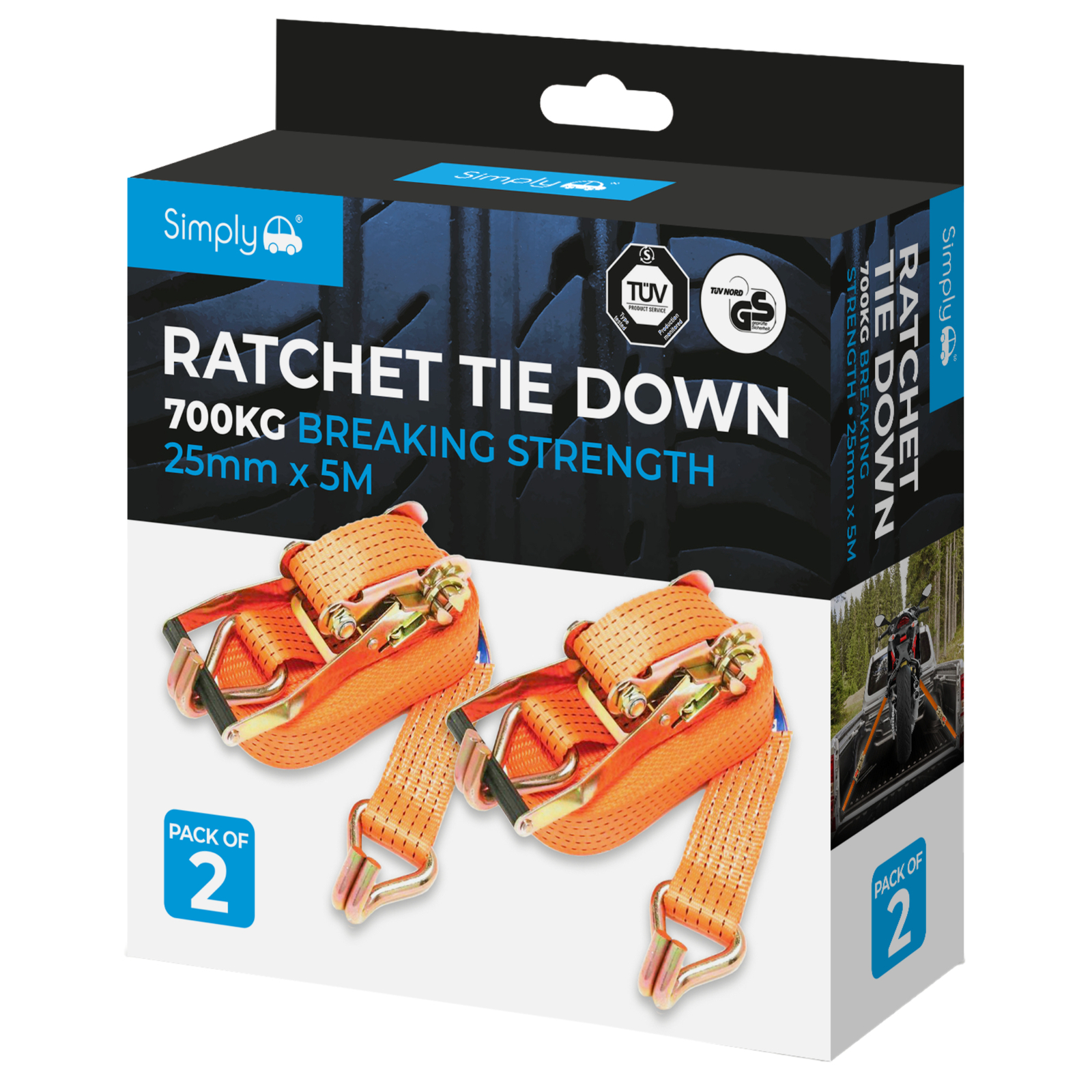 Simply Auto Pk2 25mm*5m Ratchet Tie Down Straps High Breaking Strength 700kg