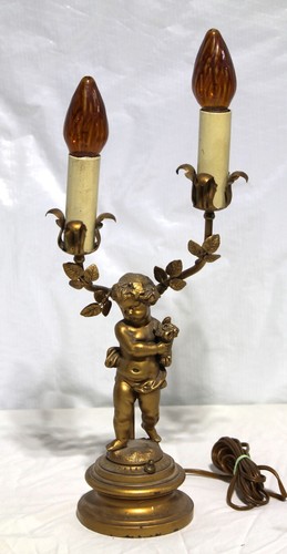 Antique gold gilt brass and tole metal cherub dual candelabra lamp - Picture 2 of 10