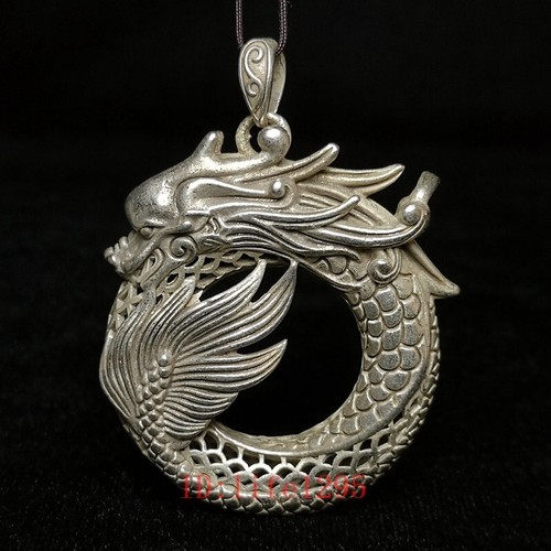 2.4 Inch Old China Tibet Silver Carving Dragon Necklace Pendant Gift