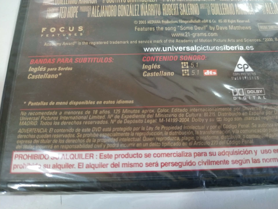 21 Grams Sean Penn Benicio del Toro - DVD Region 2 Spanish English New - 2T - Image 3 of 3