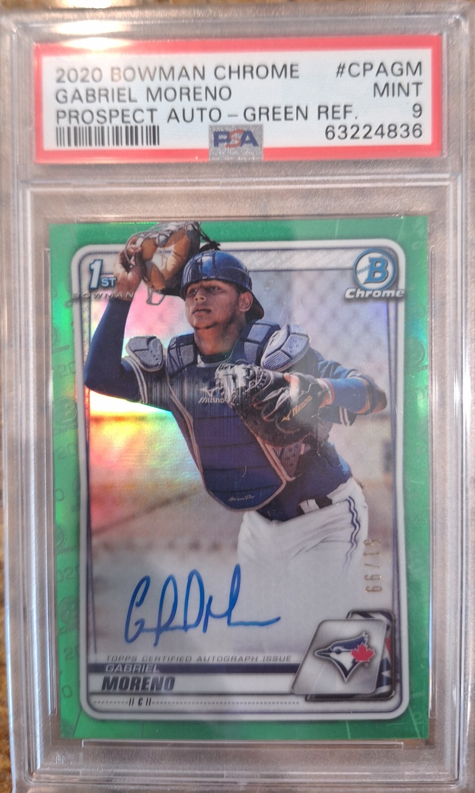 2020 Bowman Chrome Gabriel Moreno Green Refractor Auto #51/99 PSA 9 Blue Jays
