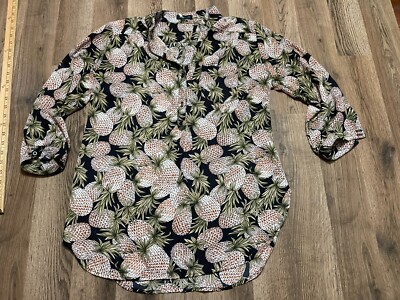 Cals Blouse Women Large Black Orange Green Pineapple 3/4 Sleeve Vneck 1/2 Button