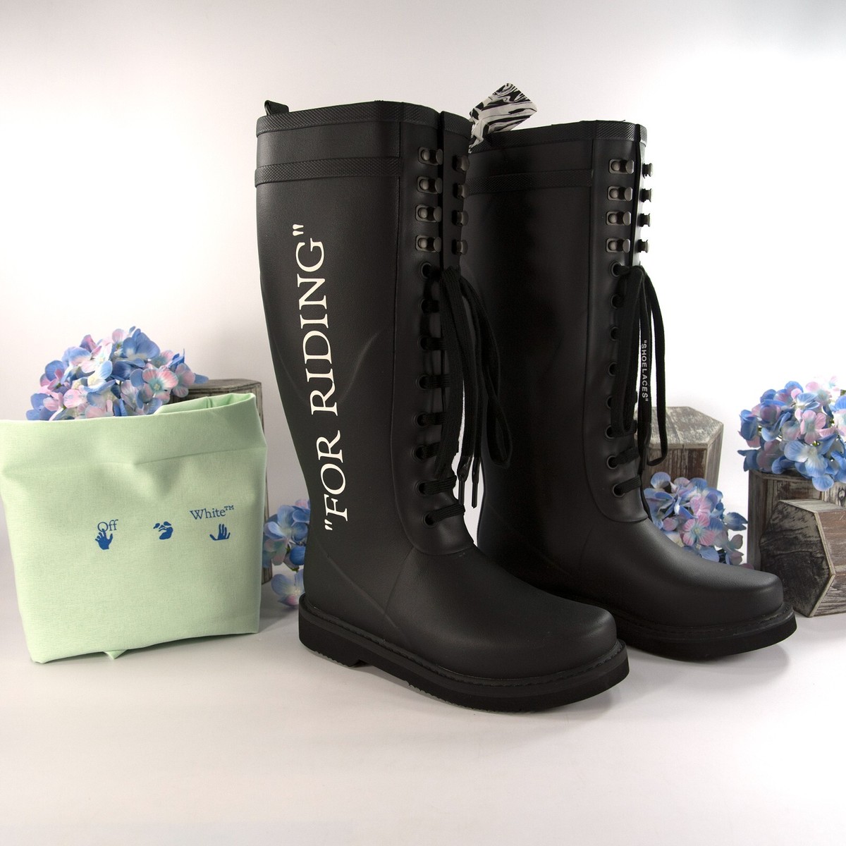 Off-White Black Rubber Leather All Weather Rain Riding Boots Off-White Black Rubber Leather All Weather Rain Riding Boots