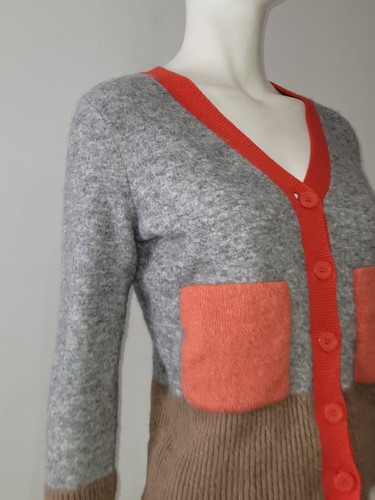 COS (S) Grey Wool Cardigan UK 8 10 EU 36 38 Cropped Patchwork Red Trim Pockets - Picture 7 of 13