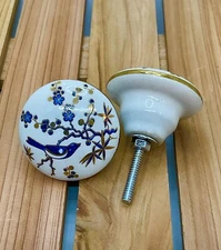 1 Knob White Bird Blue Gold Ceramic Cabinet Drawer Pull/ Choose Quantity