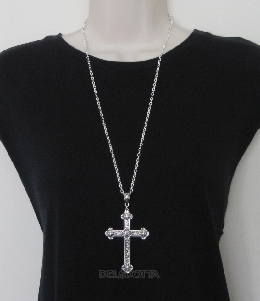 FANCY DRESS SILVERTONE CROSS NECKLACE 30" CHAIN PRIEST VICAR VAMPIRE ACCESSORIES