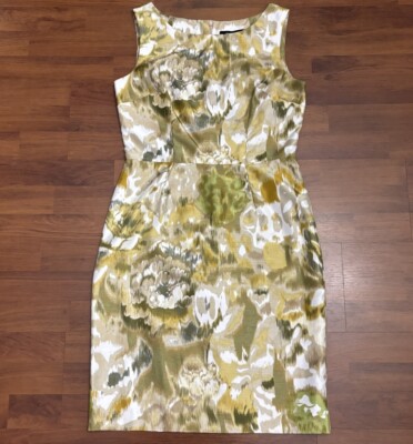 Ellen Tracy Sheath Dress Sleeveless Ivory Gold Satin Jacquard Career Size 8