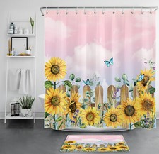 Spring Butterfly Sunflower on Pink Shower Curtain Bathroom Accessories Set