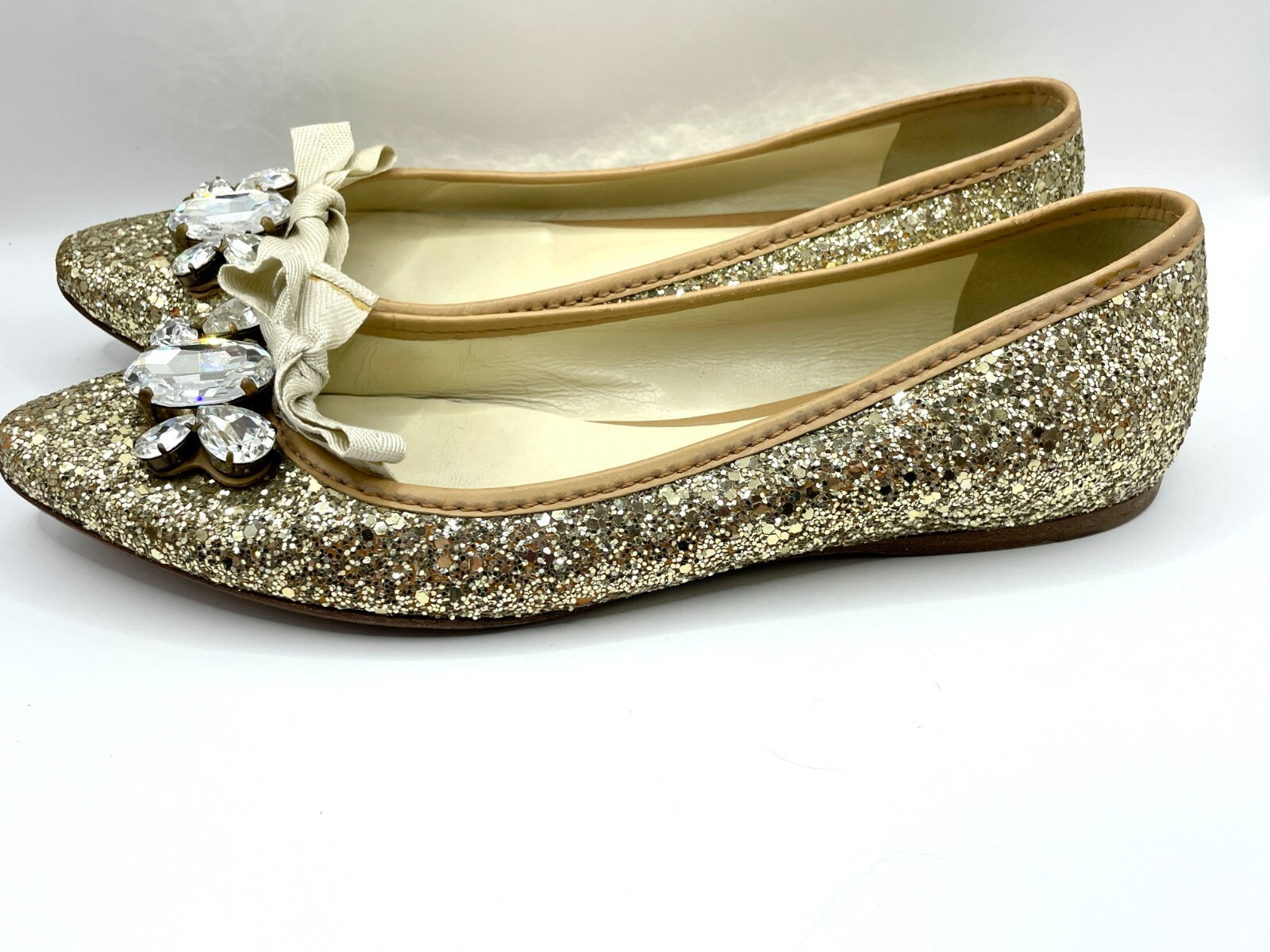 MIU MIU Gold Glitter Flat Shoes with Rhinestone Women… Gem
