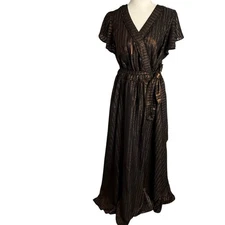 Modcloth Your Time To Shine Bronze Metallic Maxi Dress XL Flutter Sleeve