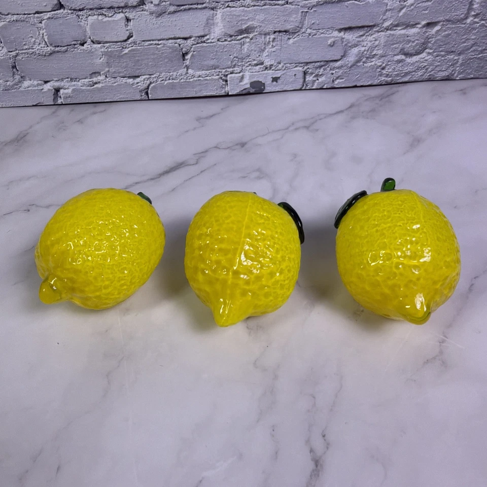 Lote De 3 Vintage Estilo Murano Soplado A Mano Arte Vidrio Limones Fruta Decoración 5"x3" Foto 3 de 4