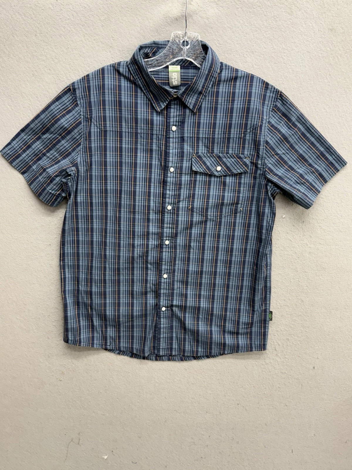 Stio Shirt Mens Small S Blue Plaid Eddy Pearl Snap Flap Pockets Hiking Stretch
