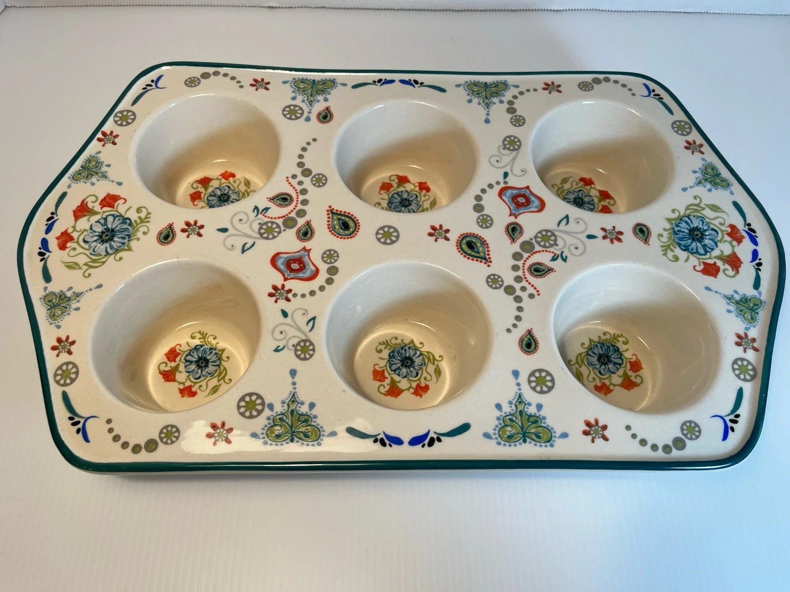 Nantucket Ceramic 6 Muffin Pan Floral Pioneer Folk Farmhouse 14” Baking Cottage