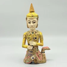 Vintage Asian Burmese Thai Hand Painted Wood Carved Dancing Musician 10.5"