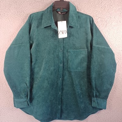 NWT Zara Womens Blueish Green Corduroy Button Jacket Size Large Long Sleeve