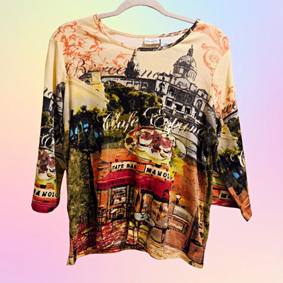 White Stag Women s L Multicolor Graphic Print Knit 3/4 Sleeve Round Neck Top