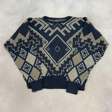 Vintage Abstract Knitted Jumper Patterned Grandad Knit Sweater Men's M