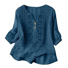 Ladies Summer Button V Neck Linen Cotton Blouse Tee Shirts Loose Embroidery Tops