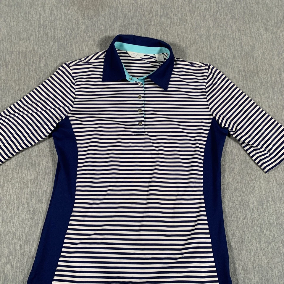 Polo de golf Callaway para mujer pequeño azul marino blanco a rayas rendimiento elástico Foto 2 de 4