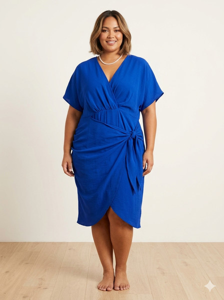Shein Curve Wrap Dress Royal Blue Midi V-Neck Draped Side Knot Size 3XL