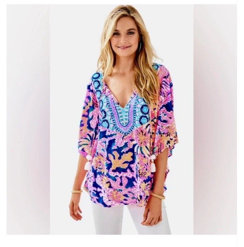 Lilly Pulitzer Britta Knit  Tunic Caftan Top Swirling Seadream Size XXS/XS