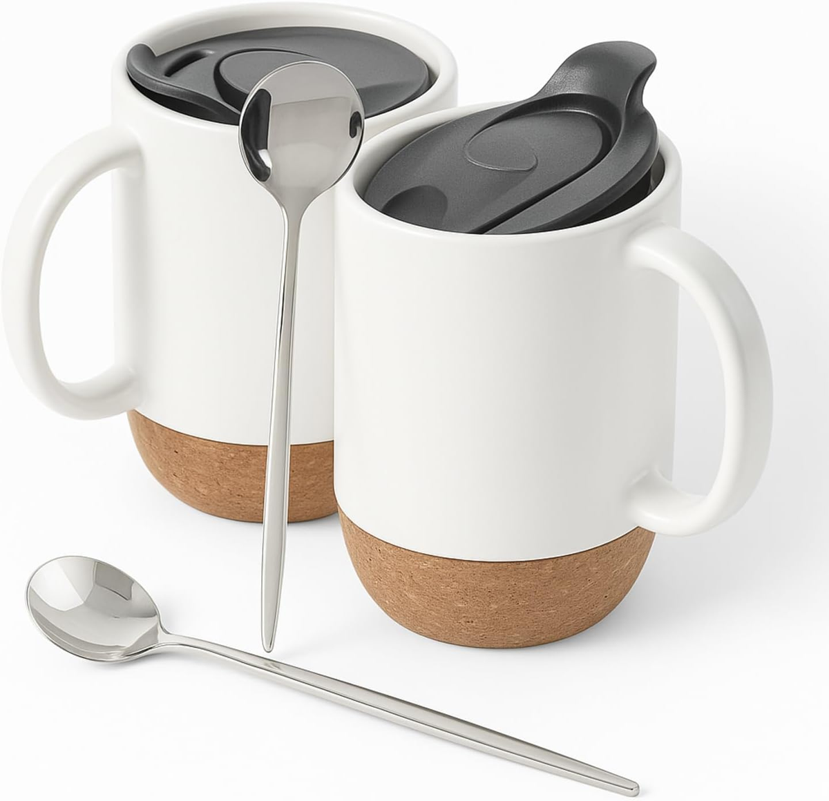Ceramic Coffee Mug with Lid  Set of 2 White 15oz Cups with Cork Bottom &  Spill-