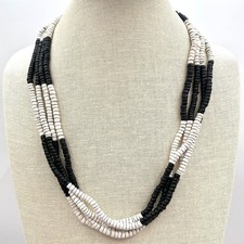 Vintage Multi Strand Wood Bead Necklace Black White Heishi Block Statement Boho