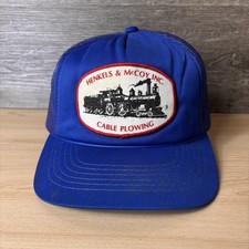 VINTAGE Henkels & McCoy Inc Hat Cap Snap Back Blue Trucker Train Patch 80s