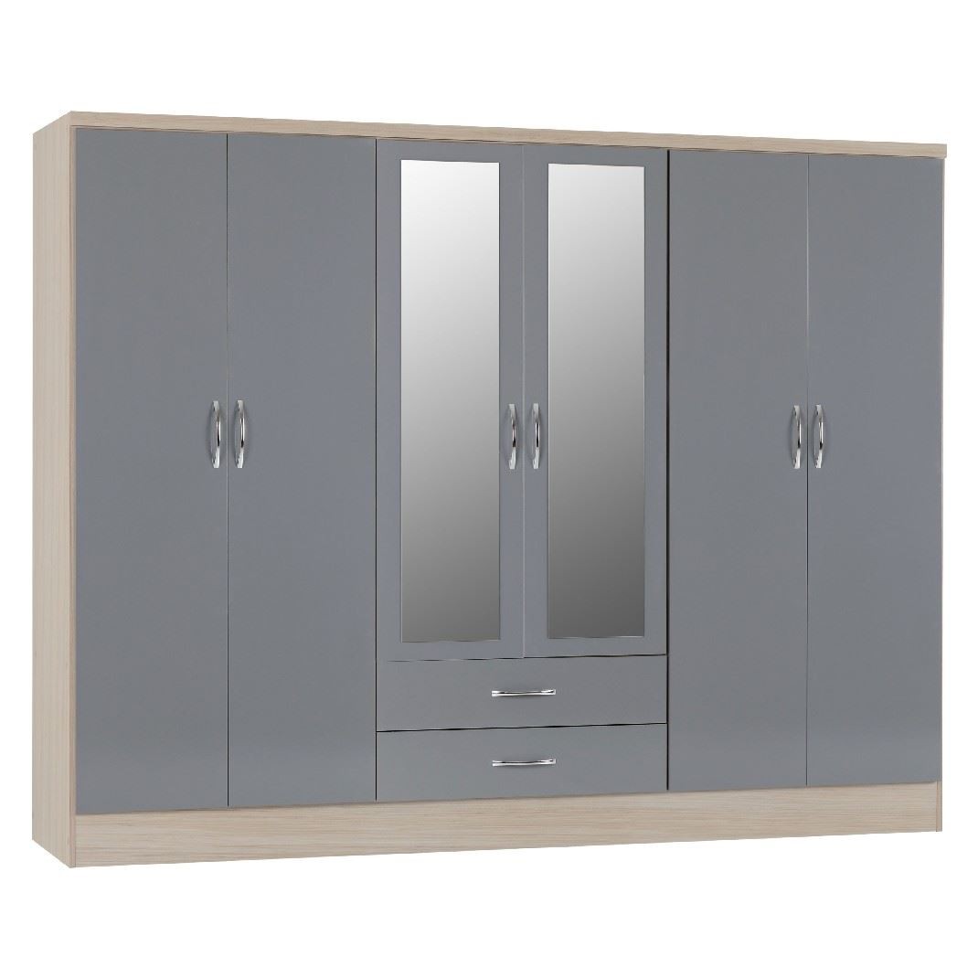 Seconique Nevada 6 Door 2 Drawer Wardrobe in Grey Gloss/Light Oak Effect Veneer 33 Nevada 6 Door 2 Drawer Mirrored Wardrobe in Grey Gloss and Oak Effect Finish