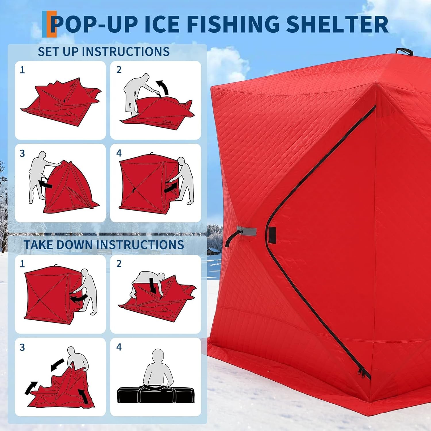 3-4 People Insulated Pop-Up Ice Fishing Shelter Windproof Portable Ice Shanty