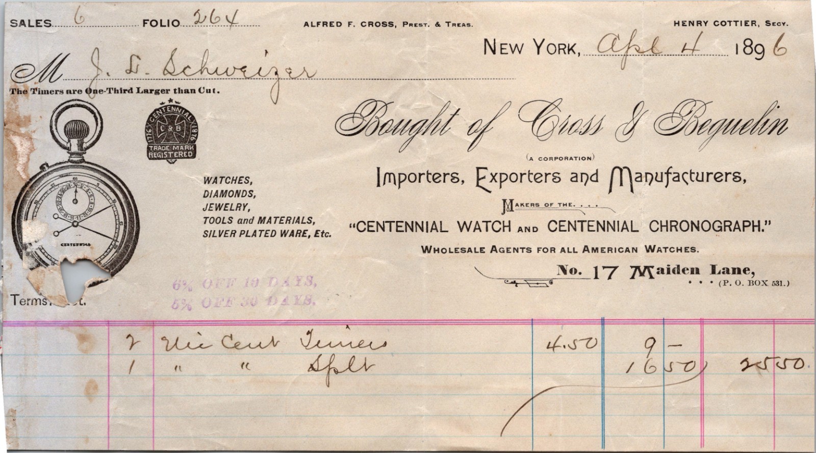 Cross & Beguelin New York NY 1896 Graphic Billhead Centennial Watch ...