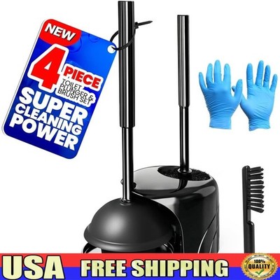 Toilet Brush Plunger Set W/ Gap Brush & Gloves 2-in-1 Bathroom Cleaning Tool New