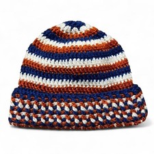 Crochet Beanie Orange  Blue Yarn Knit Fold-Over Cuffed Handmade Hat